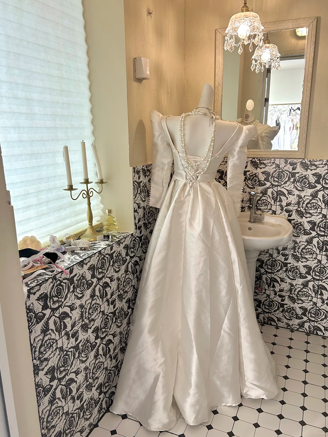 White Satin Midi Length Sleeved Waist-Cinched Luxury Elegant Romantic Dress, Wedding Gown gh7732