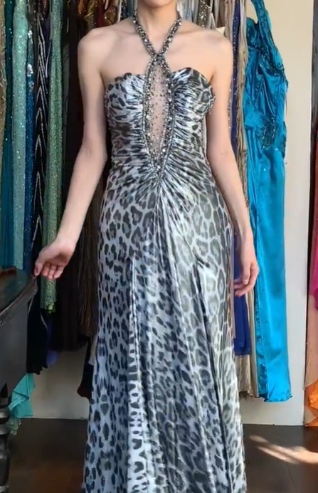 Silver Grey Leopard Print Halter Deep V Illusion Beaded Rhinestone Long Evening Prom Dress gh9783
