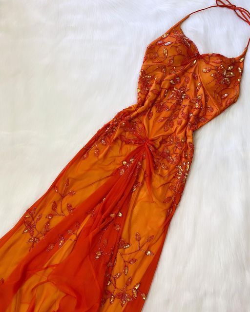 Orange Gorgeous Exquisite Beaded Spaghetti Strap Halter Neck Long Eleg –  girlhomeshops