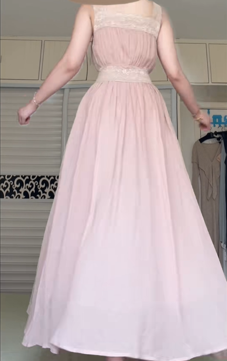 Dusty Pink Lace Strap Long Bridesmaid Gown, Square Neck, Lace Waistband, Chiffon A‑Line Floor‑Length Evening Dress gh8934