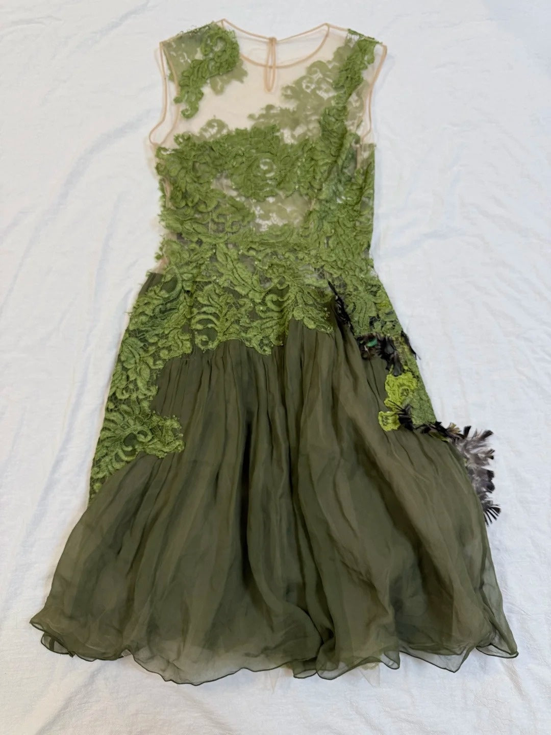 green emerald velvet dress Olive Green Sheer Lace Bodice Chiffon Long Formal Dress – FancyVestido main image 1