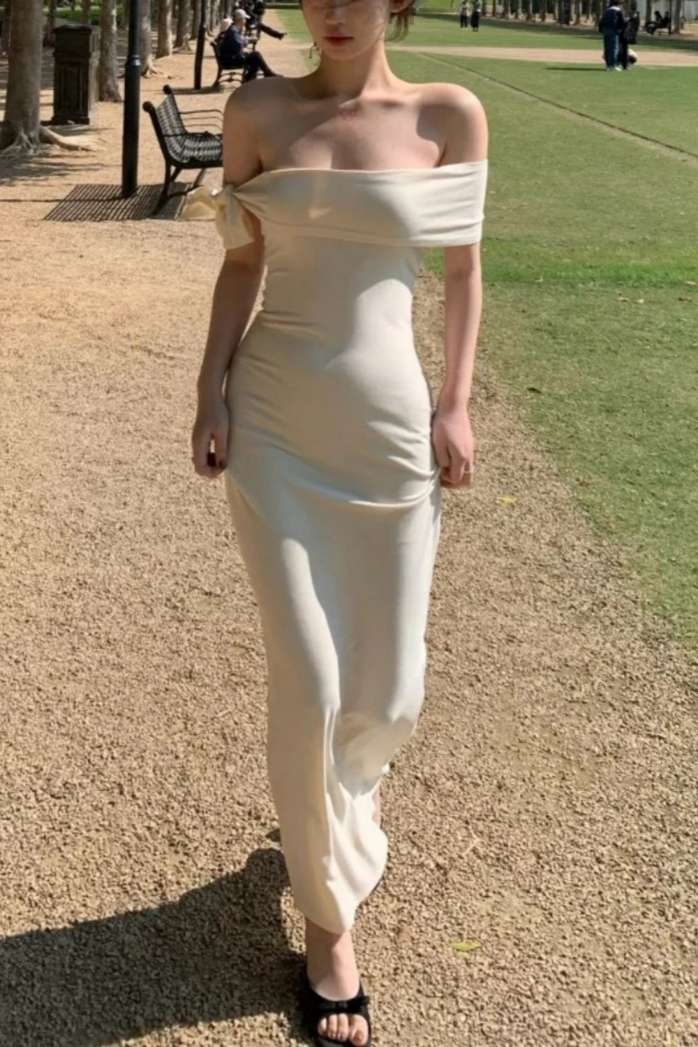 Off-the-Shoulder Satin Slim Maxi Dress, Elegant Date Night Gown gh7066