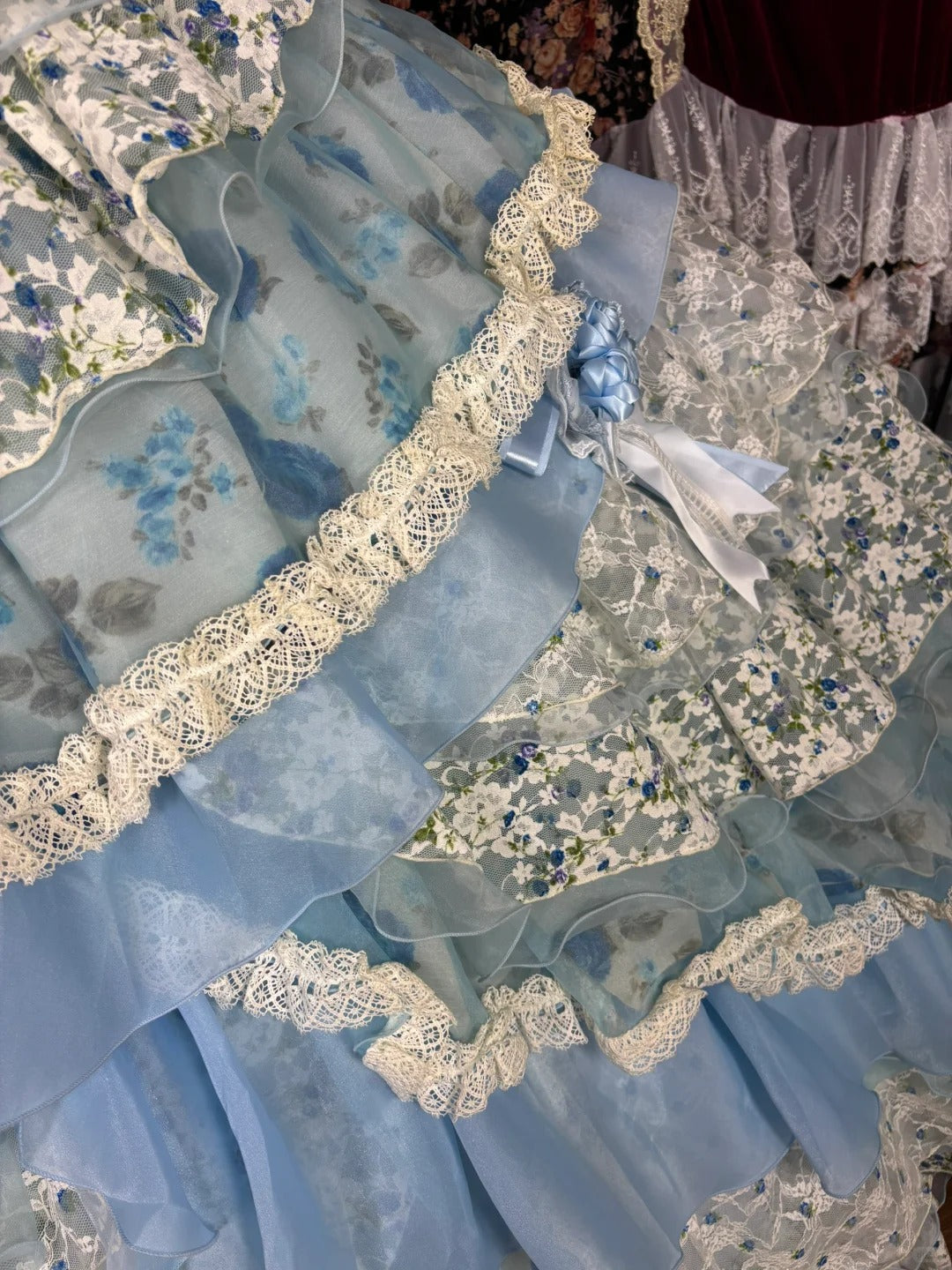 Robe de soirée longue en satin et tulle, motif floral bleu, élégante et mignonne, gh4769