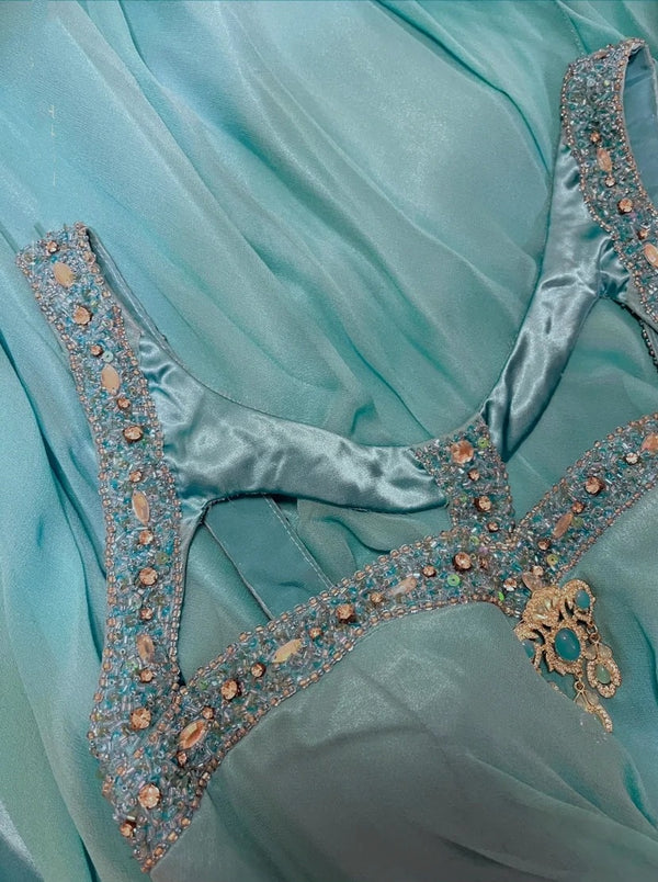 Robe de soirée sirène longue en satin bleu à perles gh4439
