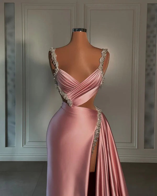 Rosa wunderschöne glänzende V-Ausschnitt modische exquisite Perlen Spaghetti-Trägern lange Satin sexy Ballkleid, Abendkleid, Partykleid gh3521