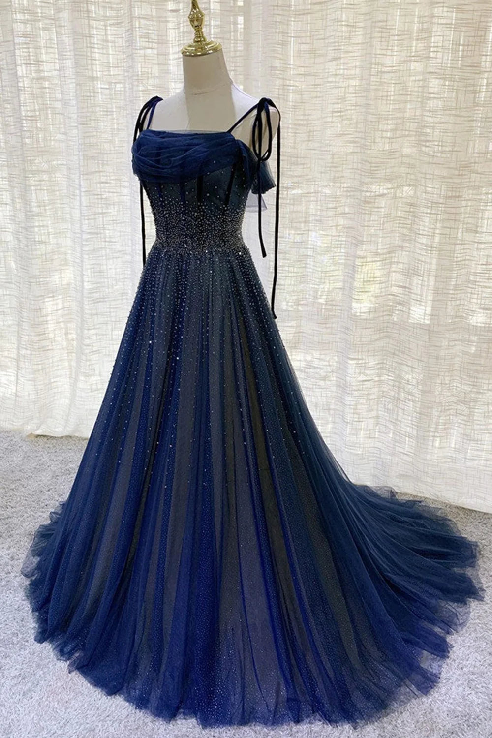Dark blue gorgeous shiny sequins long elegant tulle ball gown evening –  girlhomeshops