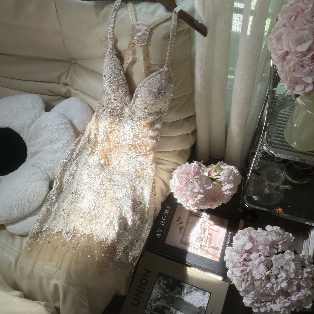 Elfenbeinweißes, kurzes Chiffon-Kleid mit glänzenden Pailletten und Perlen, Heimkehrkleid, Ballkleid, Partykleid gh4623