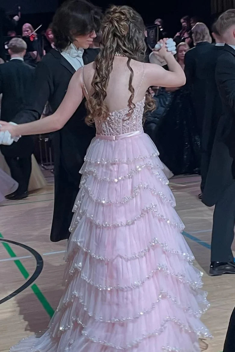 Pink shiny elegant off-shoulder sweet ruffle long tulle tiered ball gown, evening dress, party dress gh3536