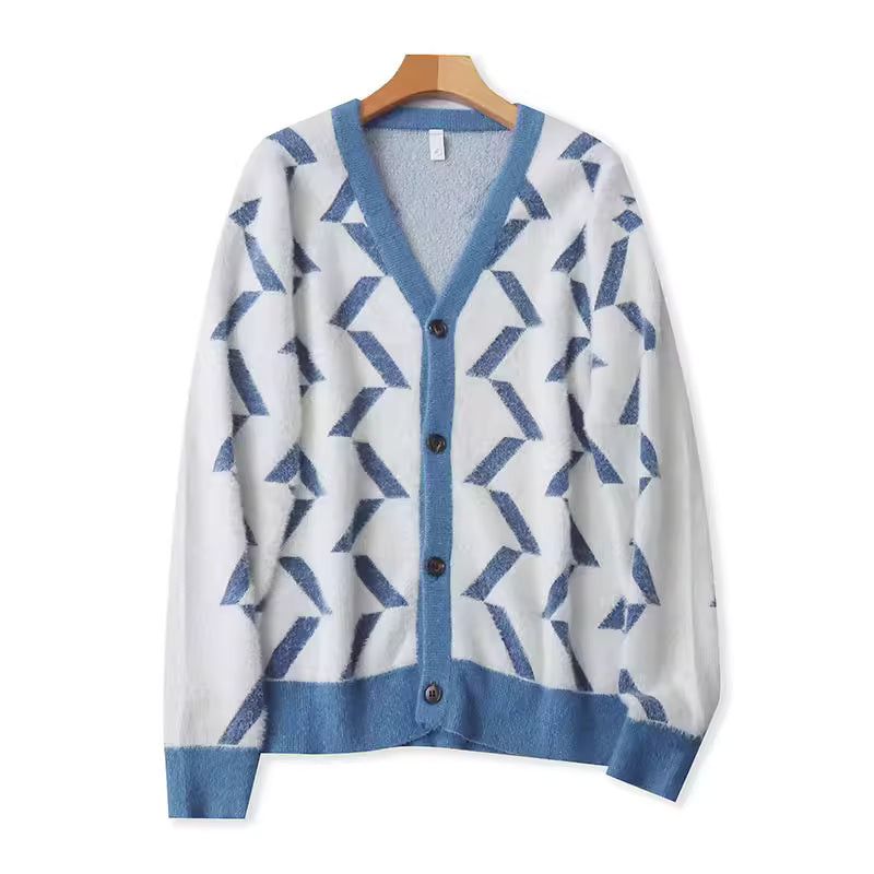 Frühlings- und Herbst-Einreiher aus Mohair mit V-Ausschnitt – Stilvoller, figurformender, fließender, lässiger Cardigan/Oberbekleidung 11379