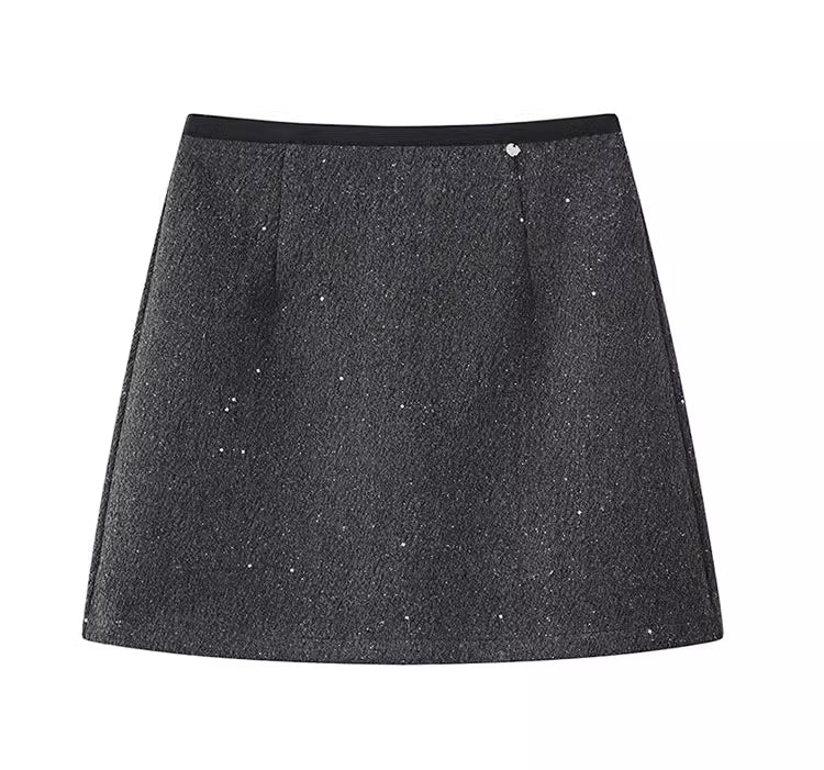 Women's sequined midi skirt, plus size, new spring and autumn style, high-end shimmering star-patterned woolen A-line mini skirt. 11415