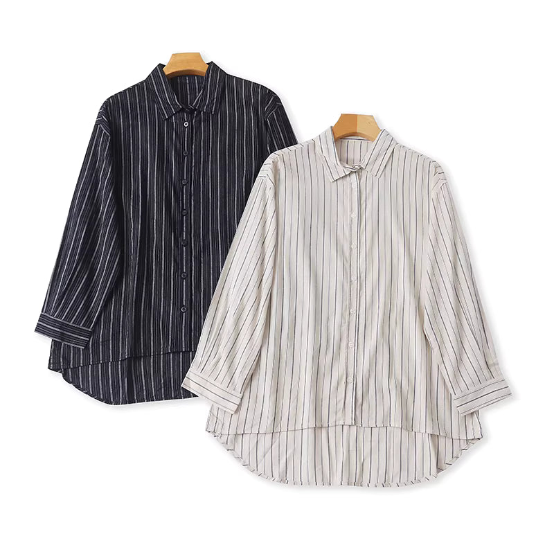 Gestreiftes Langarmshirt für Damen, Frühling/Sommer, lockere Passform, vorne kürzer, hinten länger, figurformend, elegantes Oberteil, Freizeitshirt 11381