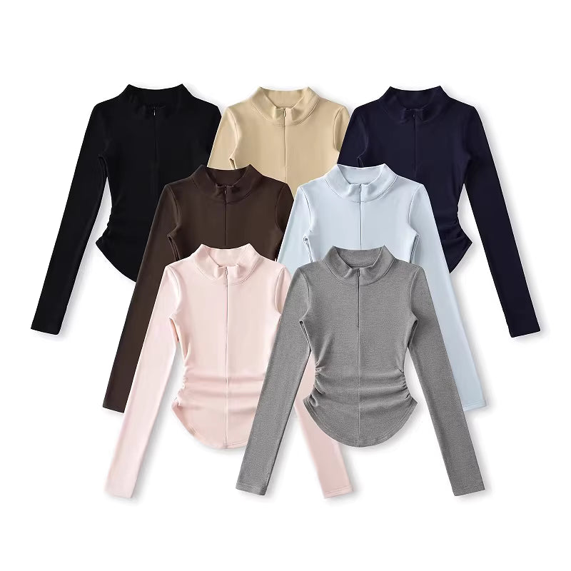Women's Autumn New Style Half-Zip Long-Sleeve Top with European and American Style Slim Fit and Waist-Defining Base Layer 11429
