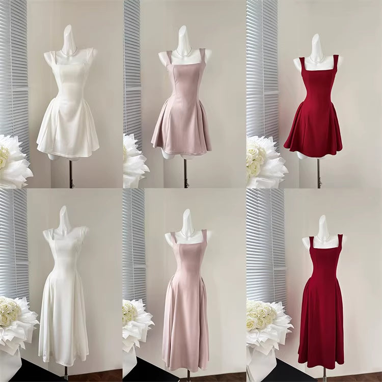 French-style slim-fitting A-line dress for spring and summer, pink, elegant and sophisticated. 11449