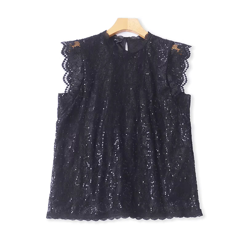 Sommerliches Pailletten-Spitzentop mit Spitzenärmeln, elegantes und funkelndes Top, figurschmeichelnd für Damen. 11378