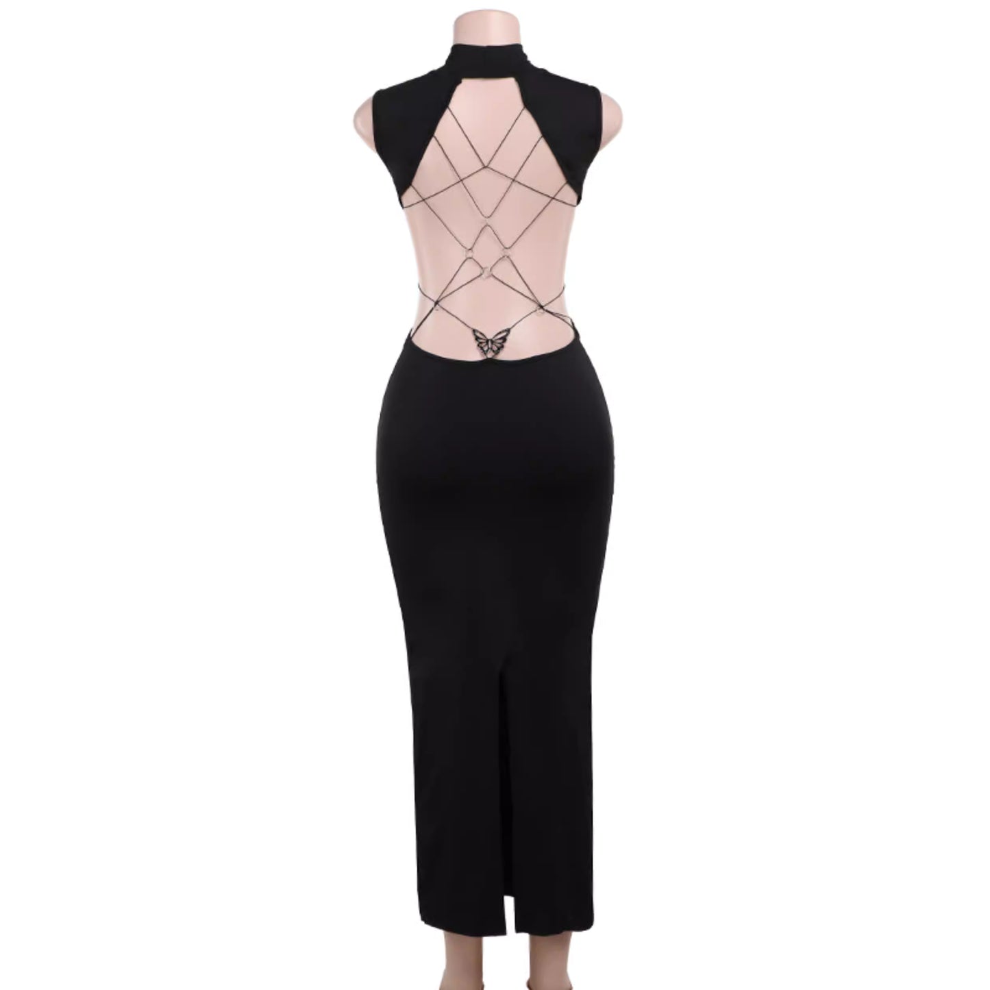 Europäisch-amerikanisches, metallisch schmetterlingsförmiges, rückenfreies Kleid mit Cut-outs, sexy Schnitt, figurformender, langer Rock mit Schlitz 11488