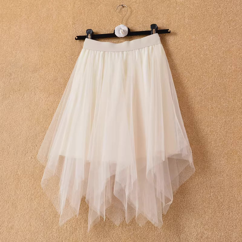 Irregular mesh midi skirt, summer, fresh and cute A-line midi skirt, fairy skirt, high-waisted, puffy midi length. 11367