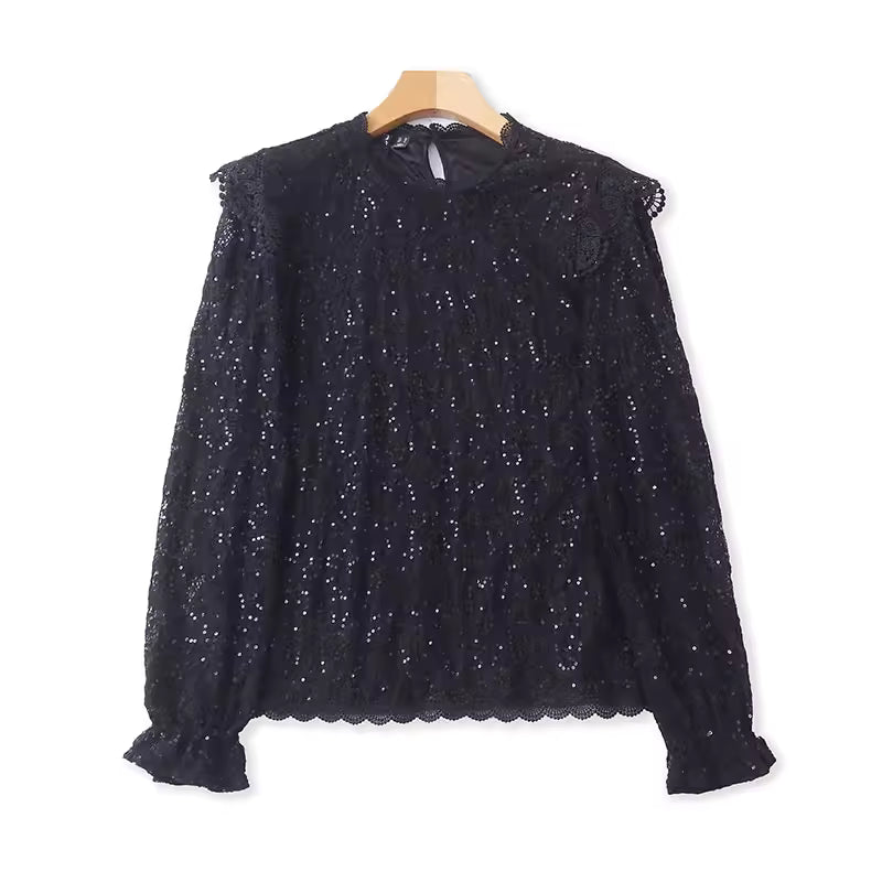 Spring and Autumn Style Lace Sequin Long-Sleeved Shirt Women's Clothing Sweet and Sparkling Blouse Lace Top 11376