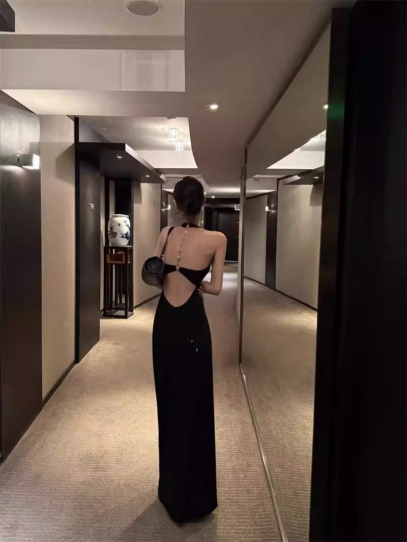 Kontrastreiches rückenfreies Kleid, figurbetontes Sommerkleid für Damen, langes Kleid, schwarz, hochwertig, eleganter Rock, Bodycon-Rock 11450