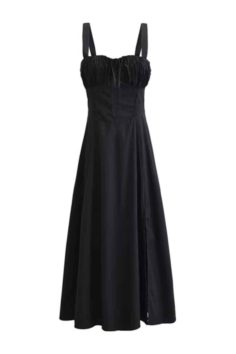 Robe blanche à encolure échancrée, mi-longue, taille cintrée et fines bretelles fendues, avec cordon de serrage. 11346