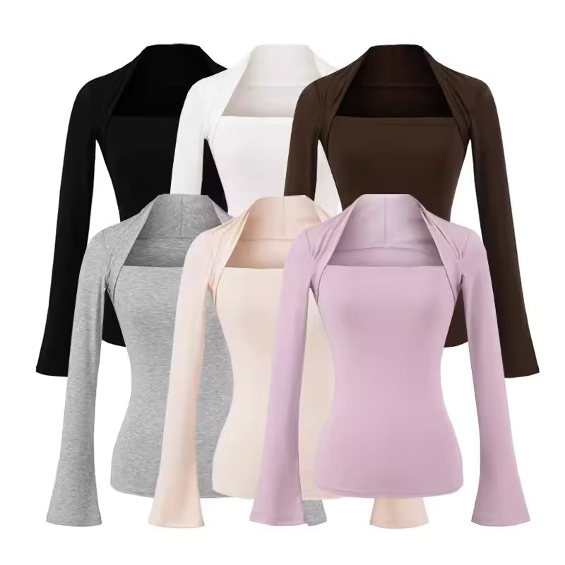 Gilet sans manches à col carré en Tencel, t-shirt à manches longues superposé, haut de base ajusté de style européen et américain pour femme, idéal pour l'automne. 11430