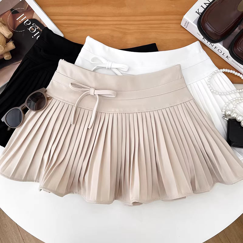 Sweet and youthful design, high-waisted, slimming, pleated midi skirt with a bow, anti-exposure, A-line skirt for women. 11447