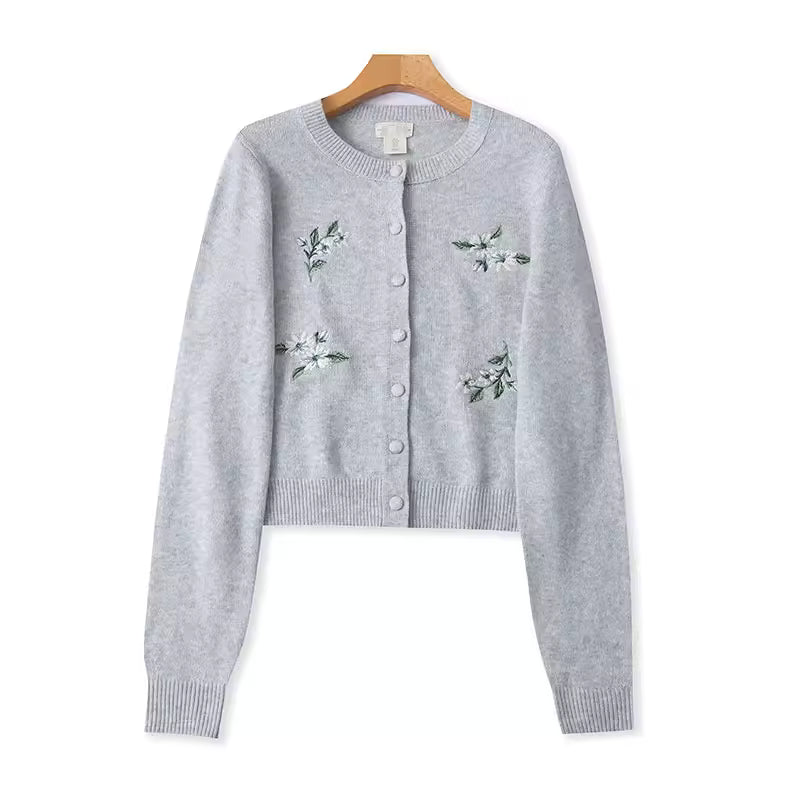 Spring and Autumn Heavy Embroidery Round Neck Single-Breasted Long-Sleeve Cardigan for Women, Sweet Embroidered Knitted Coat 11373