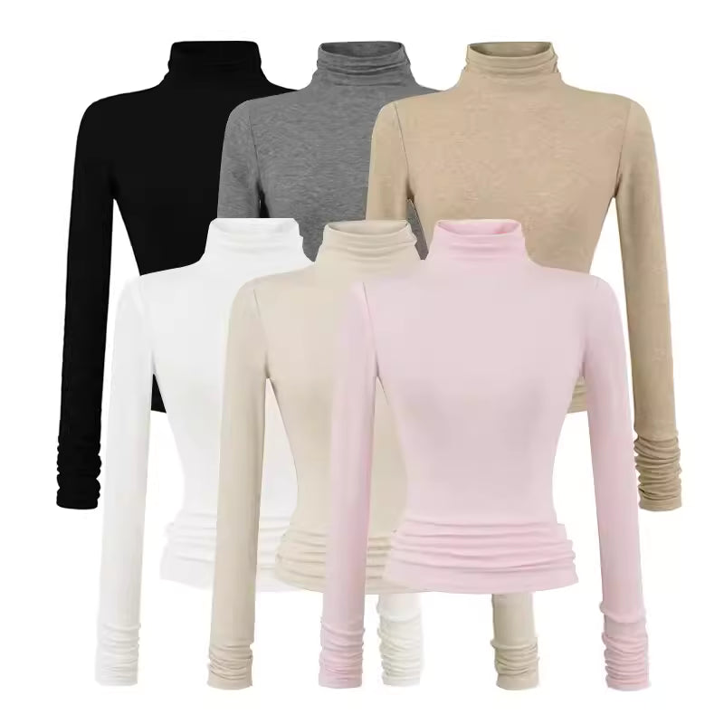 Tencel Knitted High-Neck Long-Sleeve T-Shirt for Women, Autumn, European and American Style, Sexy Fit, Elastic Base Layer Top 11428