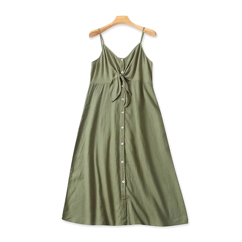 Summer cotton and linen suspender dress for women, fashionable and elegant, single-breasted, bow-tie, youthful A-line skirt, long dress 11377