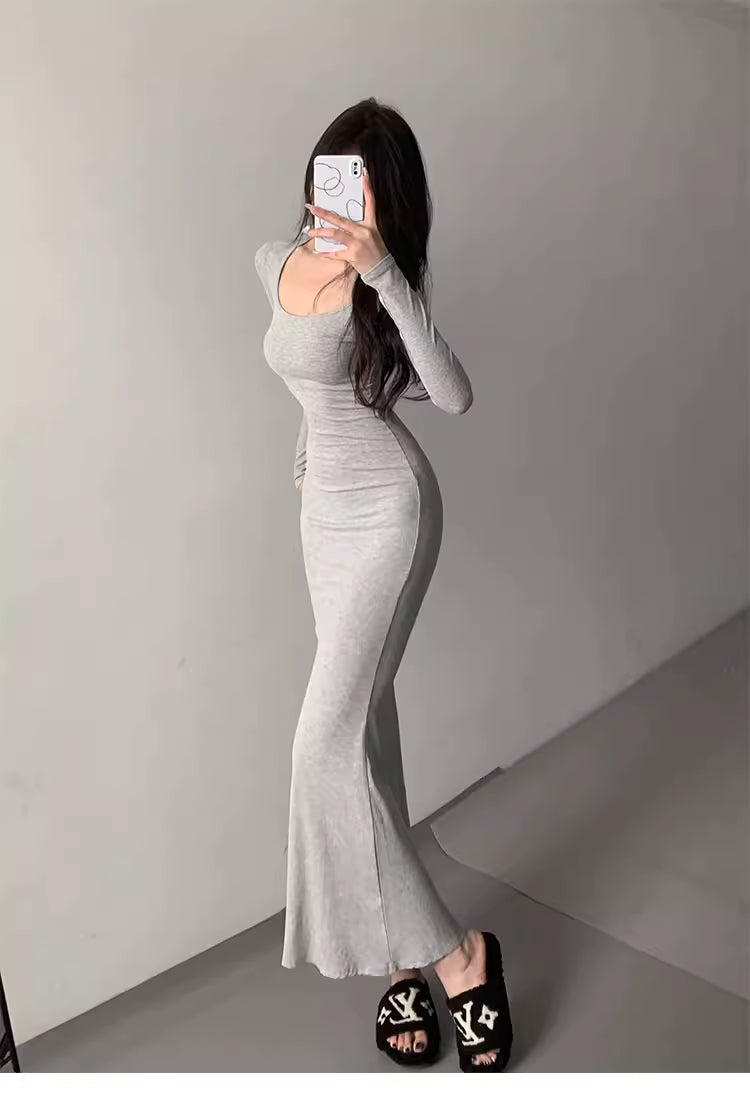 Sexy, U-neck, bodycon, long-sleeved, figure-hugging fishtail dress, a classic style favored by Western hot girls. 11471