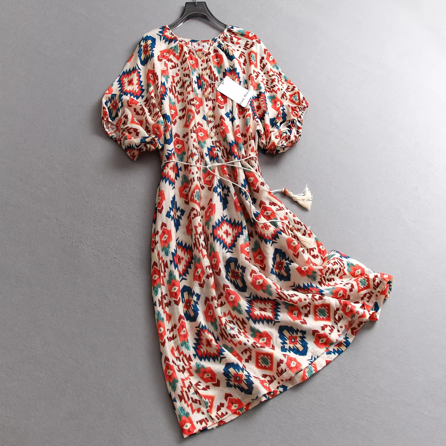 Geometrisches Muster, Bindegürtel, französischer Feenkleid, Urlaubsstil, Hemdkleid mit halblangen Ärmeln, Damenkleid 11338