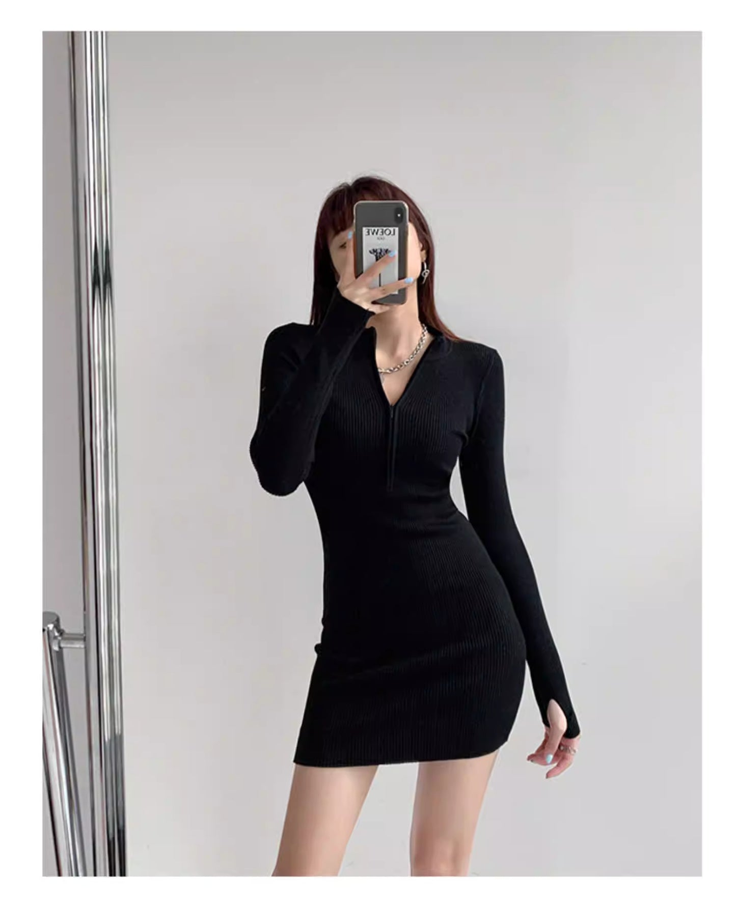 Sexy und heißer Style: Kurzes, eng anliegendes Strickkleid mit Reißverschluss, hohem Kragen und figurbetontem Minirock, langärmelig, trendiges kleines Schwarzes für Frühling und Herbst (Artikelnummer 11481)