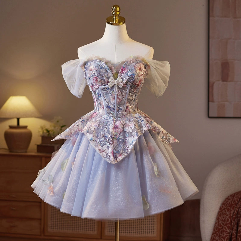 Blau lila kurzes bauschiges Heimkehrkleid Party Geburtstagsfeier Mesh Französisches Kleid Prinzessinnenkleid Ballkleid gh4604