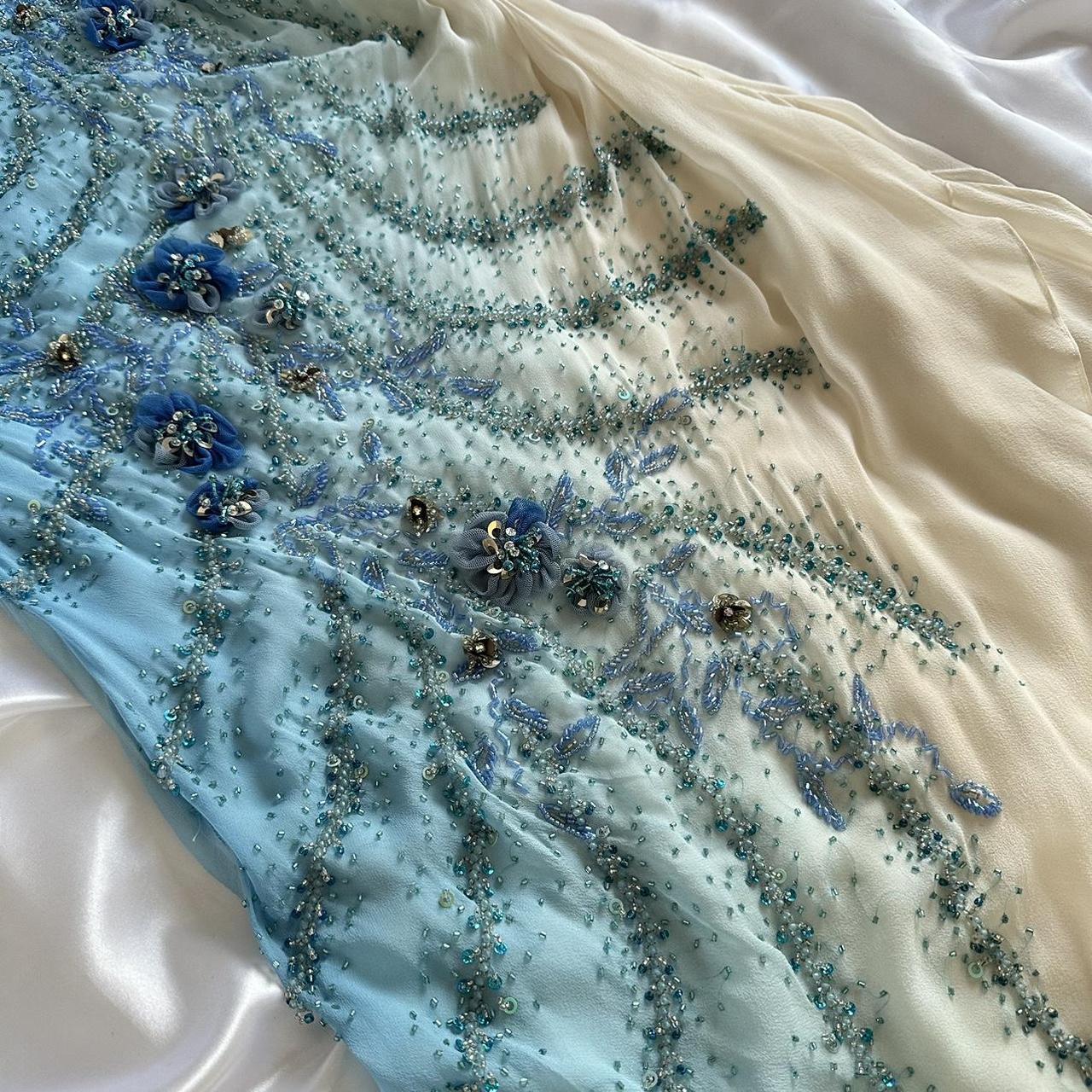 Blaues wunderschönes, stilvolles, einzigartiges, elegantes, exquisites Blumenmuster mit Perlen verziertes, langes Chiffon-Ballkleid, Abendkleid, Partykleid gh3562