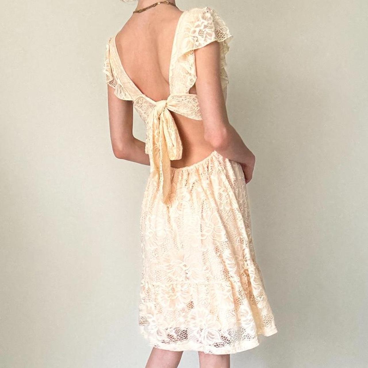 Robe de soirée crème/jaune en dentelle, style baby doll, à volants, dos nu, été gh4595