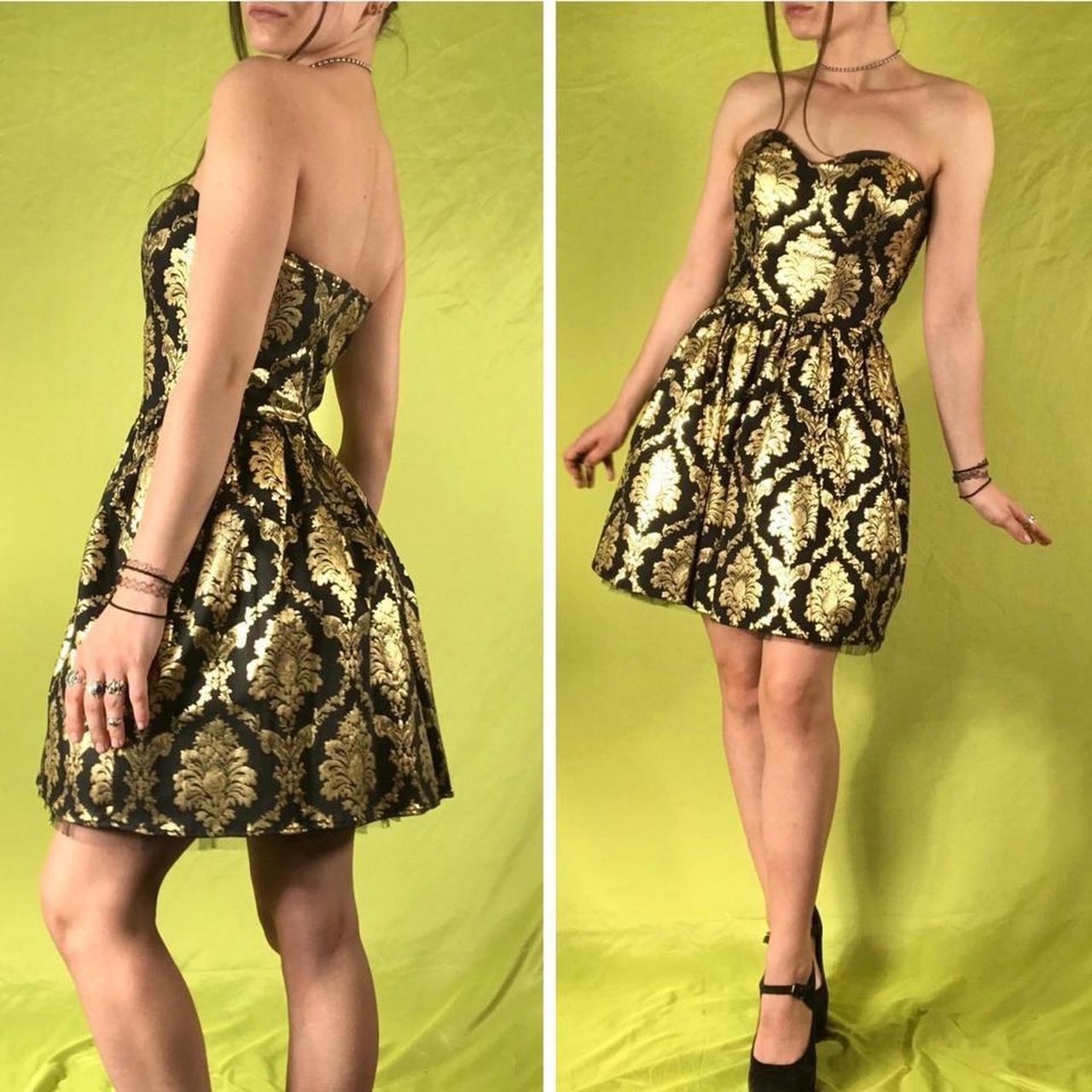 🖤 Y2K Gold and Black Fashion Jacquard Brocade Printed Mini Short Homecoming Dress Cocktail Dress Party Dress gh4610