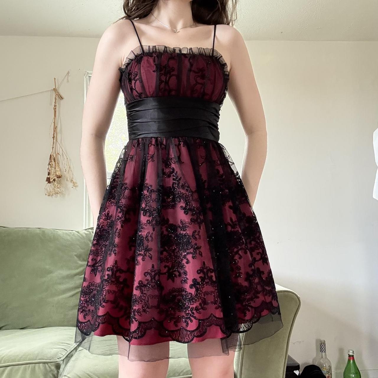 Deep Red Black Y2K Gothic Floral Sequined Tulle Satin Comfort Short Mi – girlhomeshops
