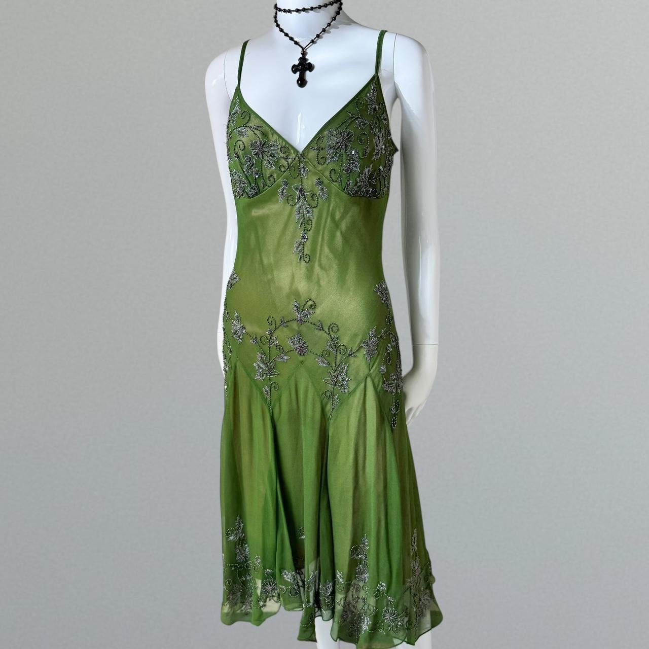 Robe longue en mousseline de soie, élégante et exquise, verte, vintage, brodée de fleurs, à bretelles, robe de soirée, robe de bal, gh3720