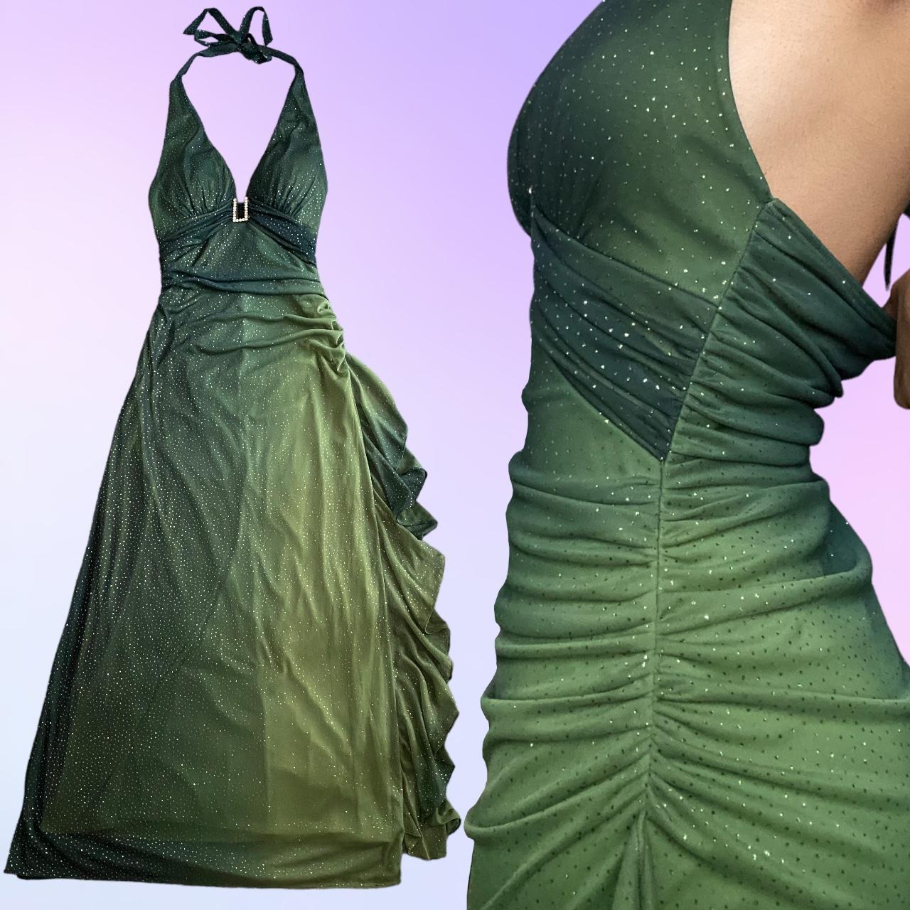 🍃✨Green stunning beautiful flowing retro gradient shiny V-neck long chiffon ball gown evening dress party dress gh4674