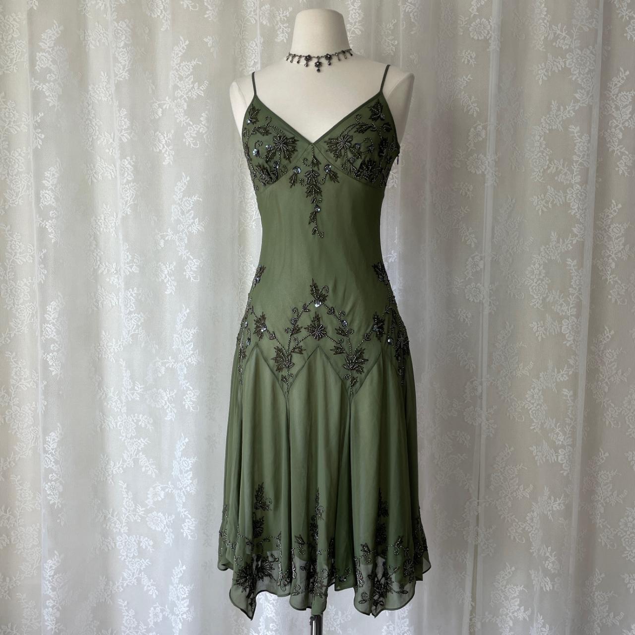 Olivgrünes, perlenbesetztes Ballkleid aus Chiffon mit hübschem Blumenmuster, Midi-/Kurzkleid für die Heimkehr, Verabredungskleid, Partykleid, gh4618