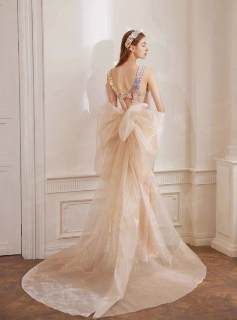 Rosa, wunderschönes, funkelndes, hübsches Meerjungfrau-Ballkleid mit abnehmbarer Schleife, lang, elegant, mit Pailletten, formelles Ballkleid, Abendkleid, Partykleid, gh3544