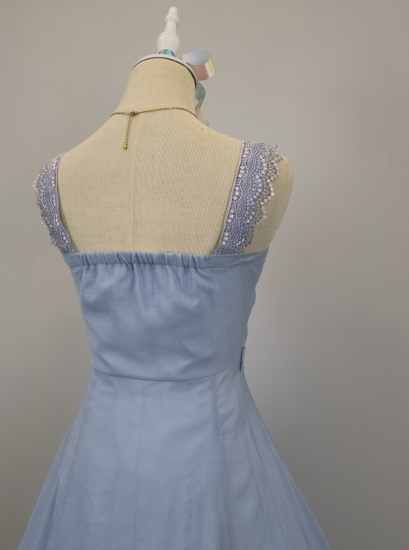 Blaues kurzes Chiffon-Heimkehrkleid mit Spitzenträgern, Ballkleid, Festtagskleid, gh4653