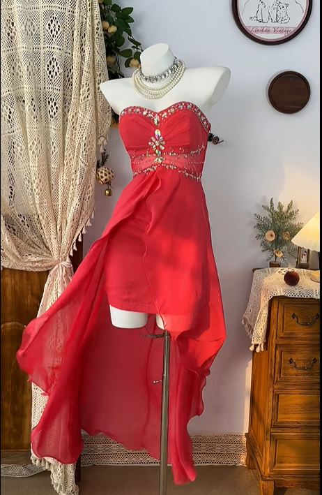 Rote Perlen Mode Elegante Kurze Chiffon Homecoming Kleid Ballkleid Geburtstag Party Kleid Abendkleid gh4697