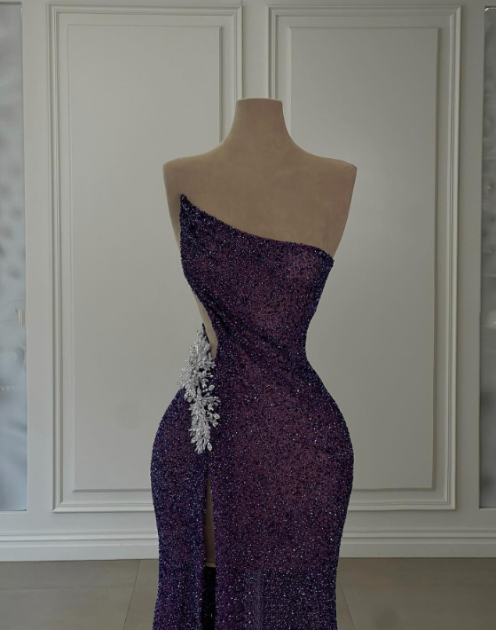 Girlhomeshops - Robe de soirée longue à paillettes, violette, brillante, élégante et sexy, fendue, gh5034