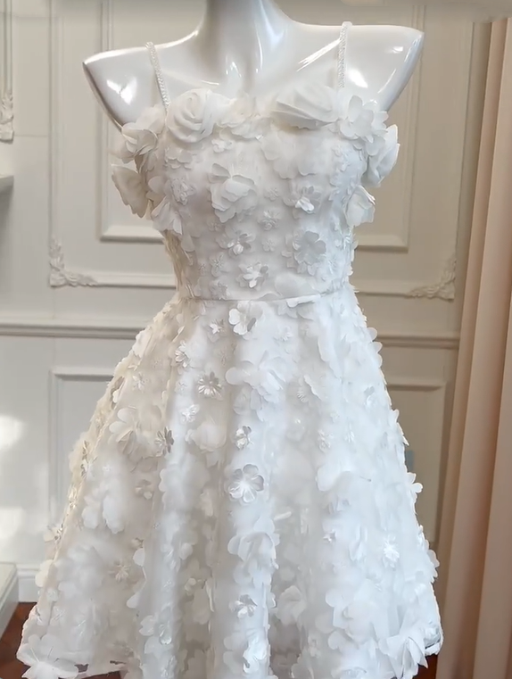 Girlhomeshops - Robe de soirée courte en mousseline de soie, blanche, motif floral tridimensionnel, tenue de fête d'anniversaire, gh5098