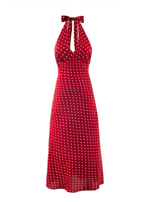 Französisches Neckholderkleid mit tiefem V-Ausschnitt, rot gepunktet, für Damen, sommerliches, tailliertes Maxikleid für den Urlaub 11349