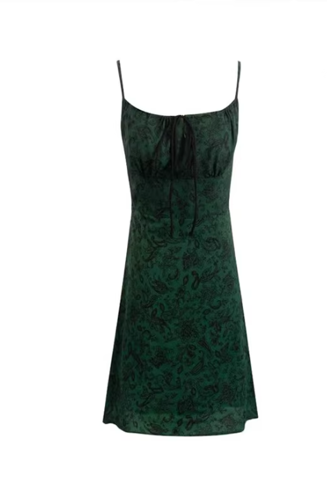 Dunkelgrünes, französisch inspiriertes Sommerkleid mit floralem Retro-Print für Damen, mit Bindeband im Brustbereich, figurformendem und tailliertem Design – perfekt für den Urlaub. 11357