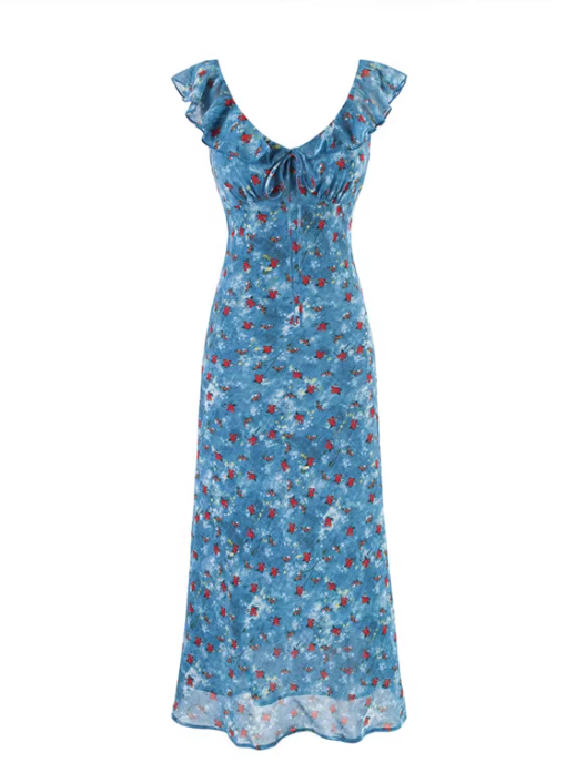 Robe longue bleue à fleurs, col en V et nœud à volants, style rétro français, idéale pour les vacances à la plage. 11364