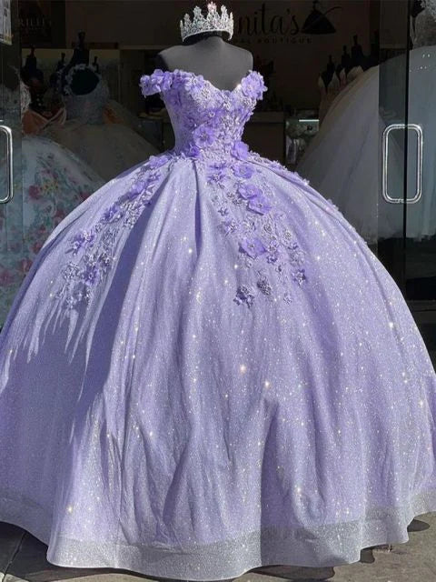Lila funkelndes langes Ballkleid Abendkleid Quinceanera 3D Blume Schatz 15 16 Prinzessin Ballkleid gh910