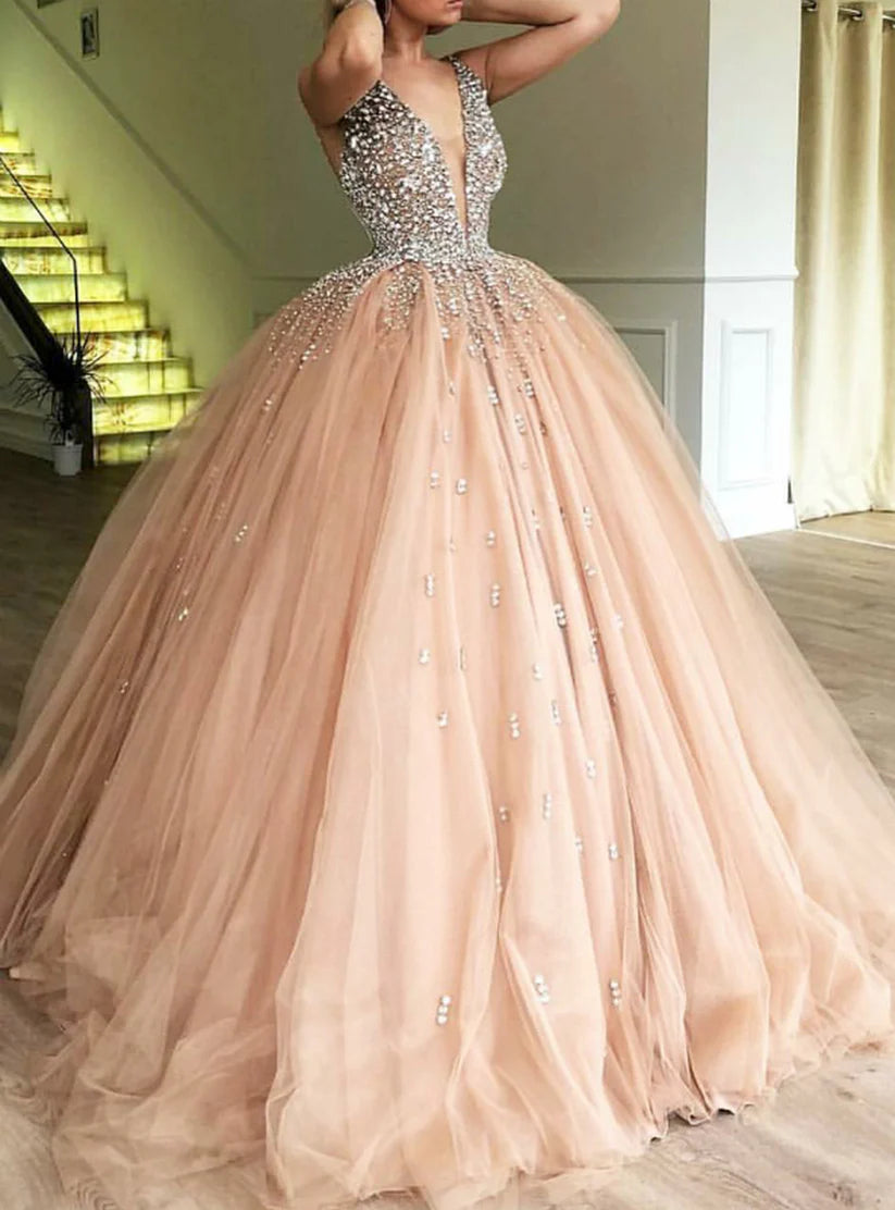Rosa Ballkleid mit tiefem V-Ausschnitt, Tüll, Bonbon-16-Kleid mit Perlenstickerei, Partykleid gh907