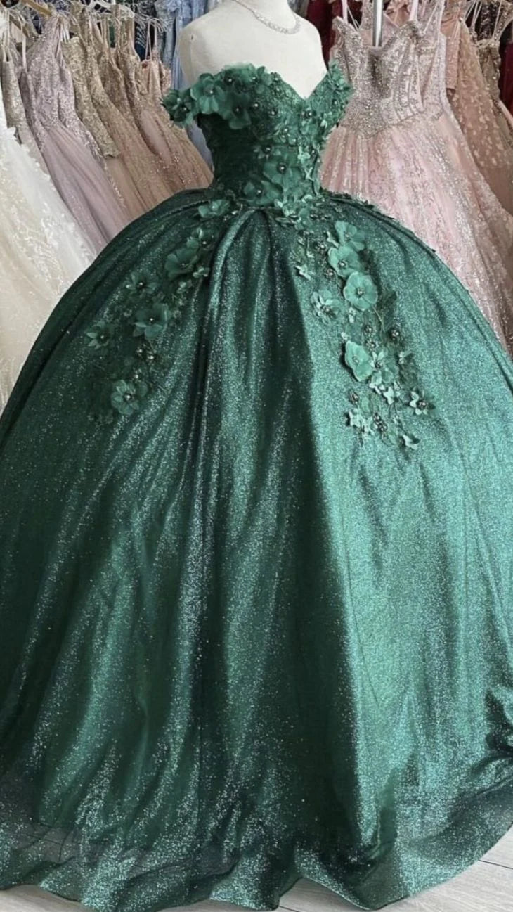 Schulterfreies, grünes Ballkleid mit Blumen Sweet 16 Dress gh919